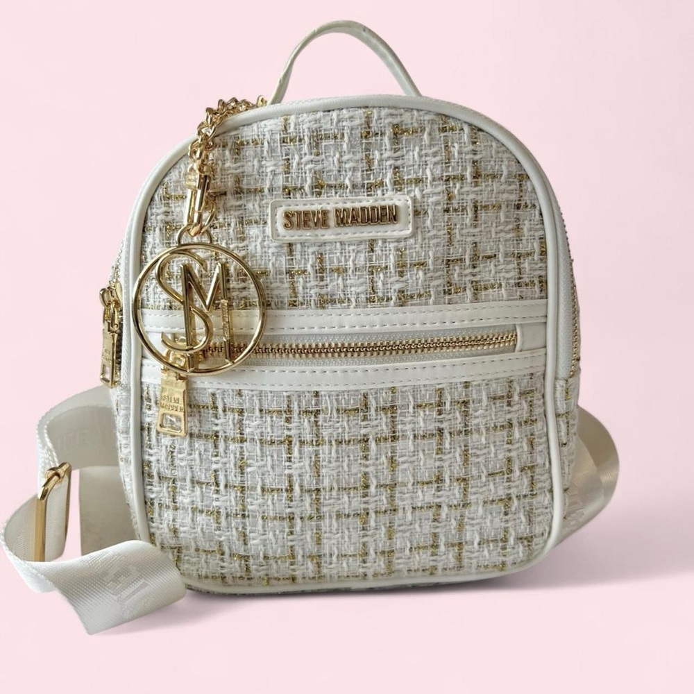 Steve Madden Cream and Gold Tweed Mini Backpack